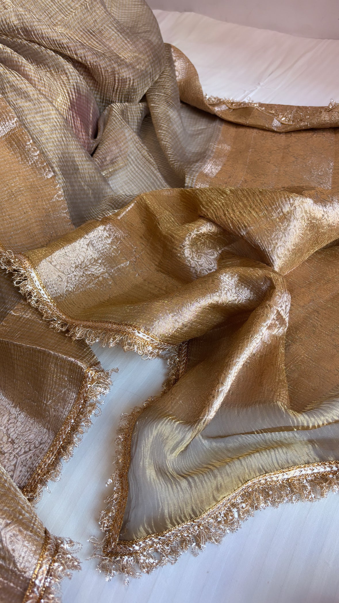 Pure banarasi grey crushed tissue kadhwa saree with gotapatti border