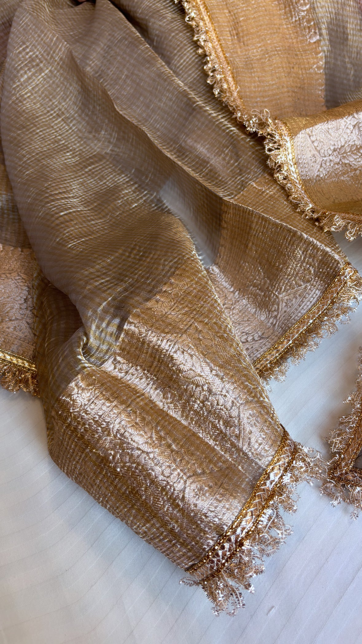 Pure banarasi grey crushed tissue kadhwa saree with gotapatti border