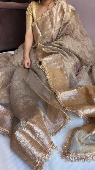 Pure banarasi grey crushed tissue kadhwa saree with gotapatti border