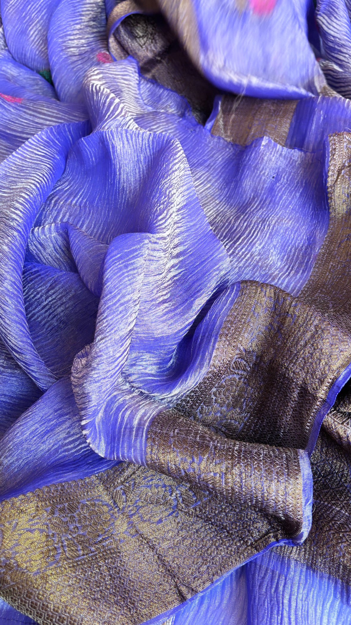 Pure banarasi blush pink crushed tissue meenedar kadhwa buti saree in gold zari