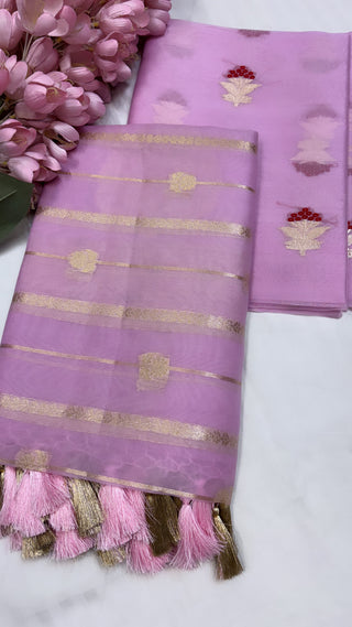 Soft pink pure banarasi kora silk handwoven kadhwa three piece suit set