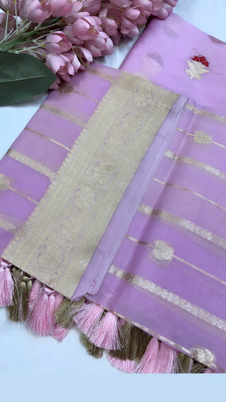 Soft pink pure banarasi kora silk handwoven kadhwa three piece suit set