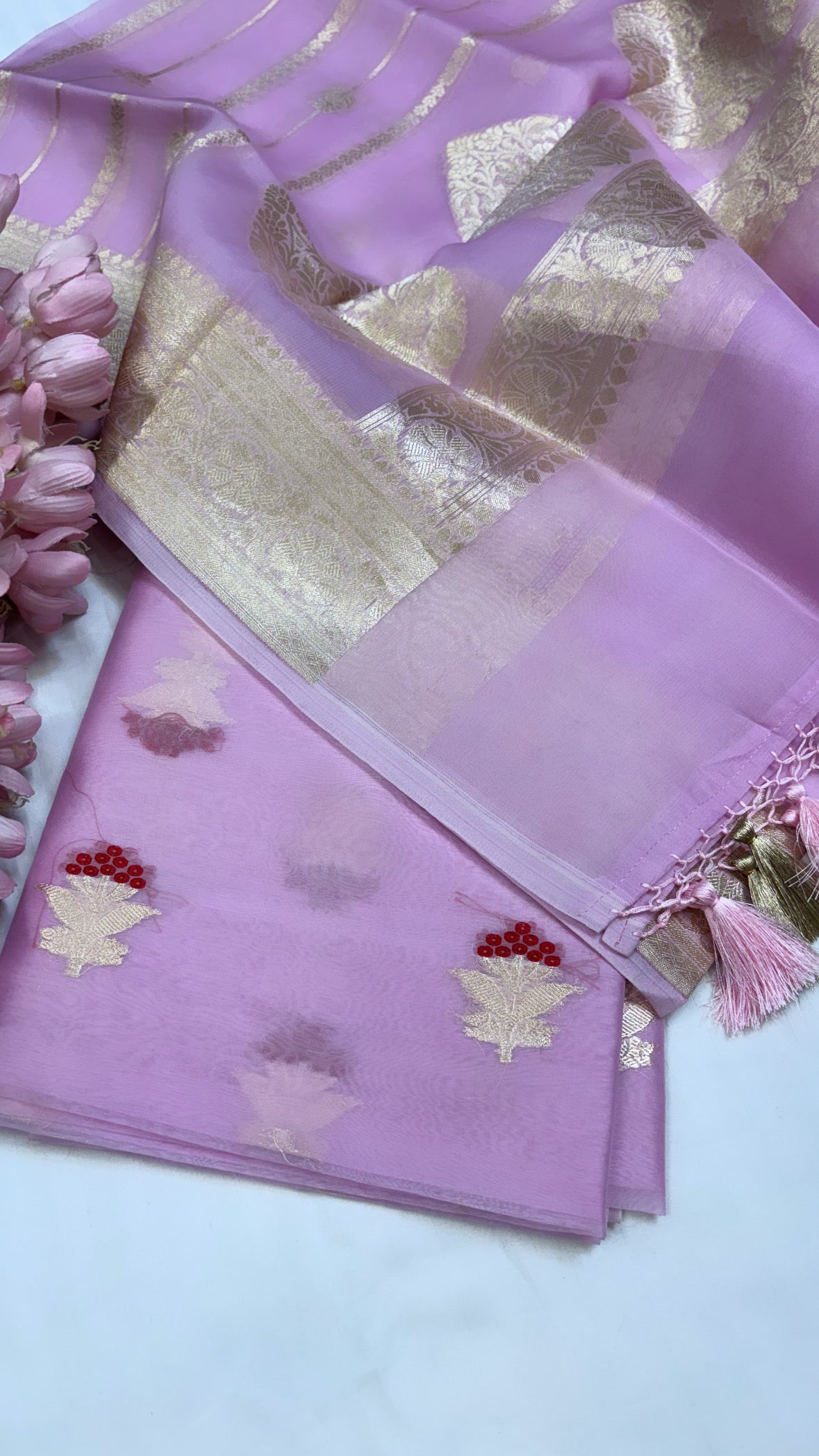 Soft pink pure banarasi kora silk handwoven kadhwa three piece suit set