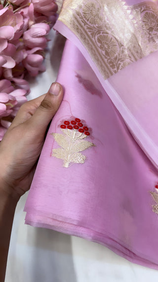 Soft pink pure banarasi kora silk handwoven kadhwa three piece suit set