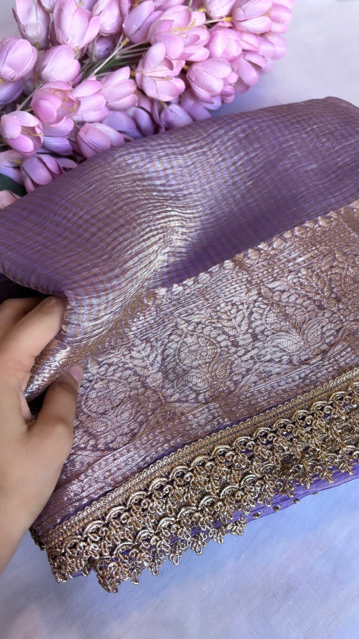 Safety pins Violet crushed tissue silk handwoven saree