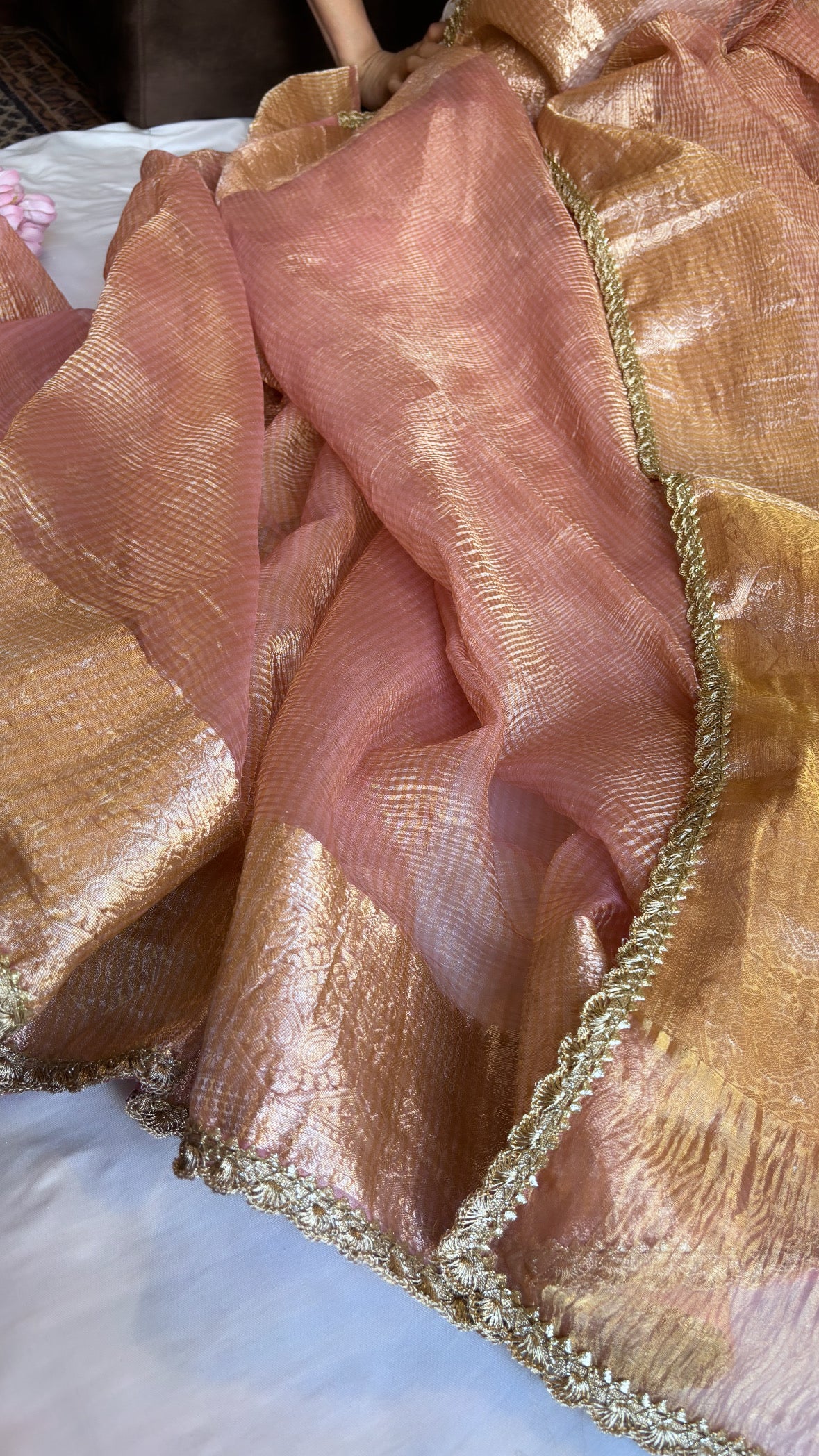 Safety Pins Peach crushed tissue silk handwoven saree
