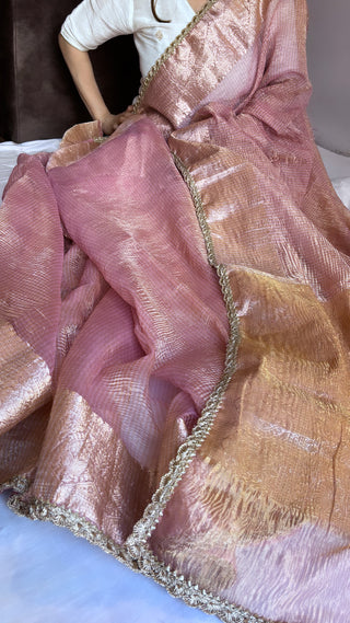 Safety Pins Peach crushed tissue silk handwoven saree