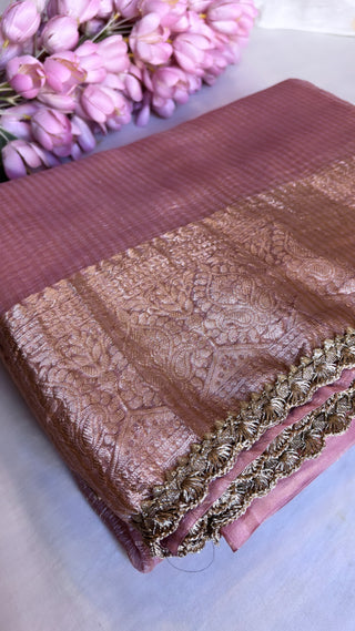 Safety Pins Peach crushed tissue silk handwoven saree