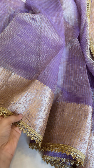 Safety pins Violet crushed tissue silk handwoven saree