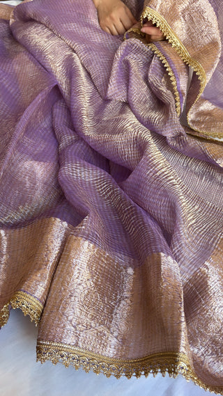 Safety pins Violet crushed tissue silk handwoven saree