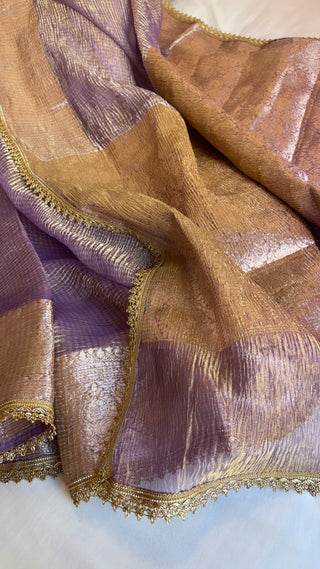 Safety pins Violet crushed tissue silk handwoven saree