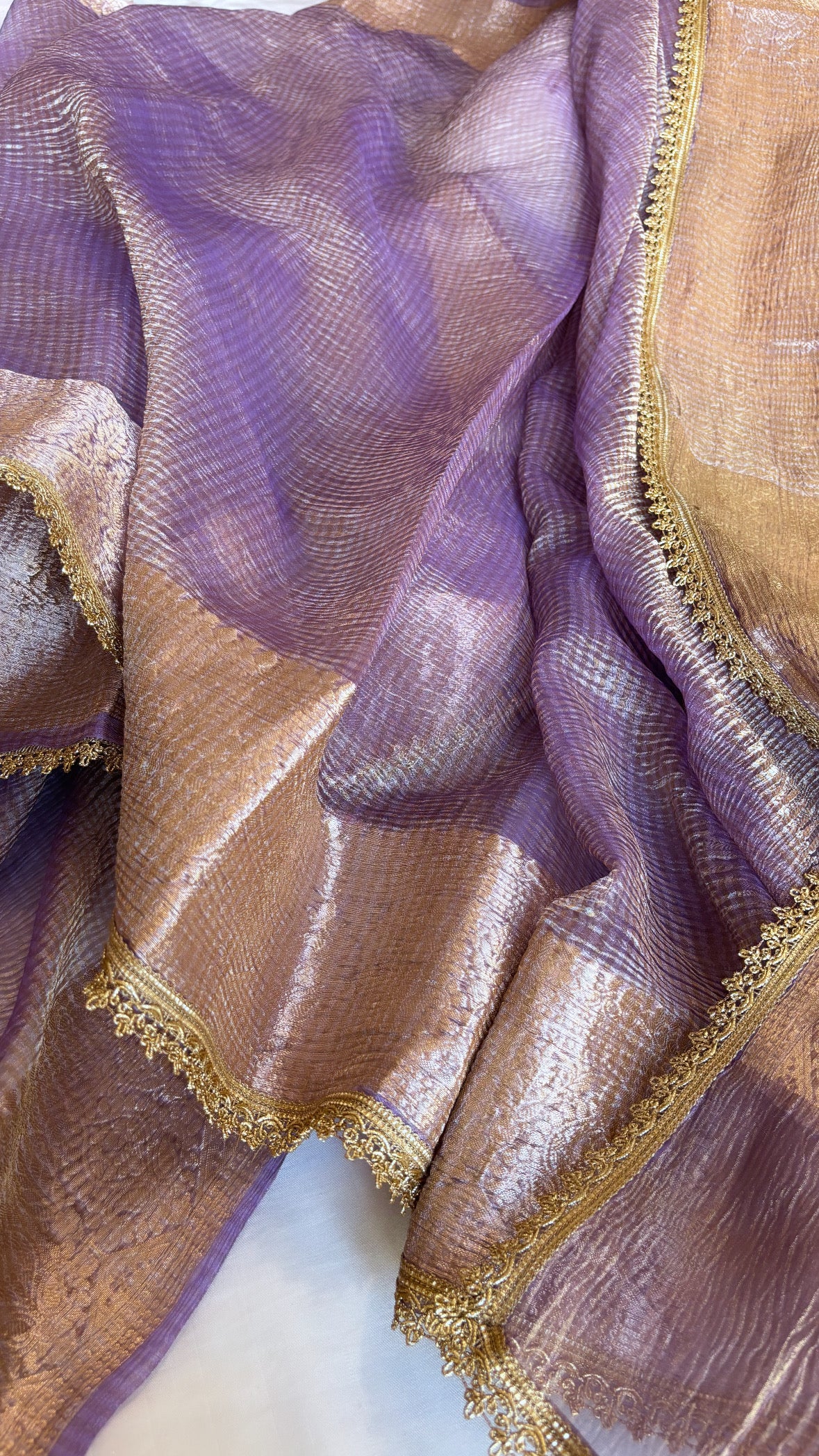 Safety pins Violet crushed tissue silk handwoven saree